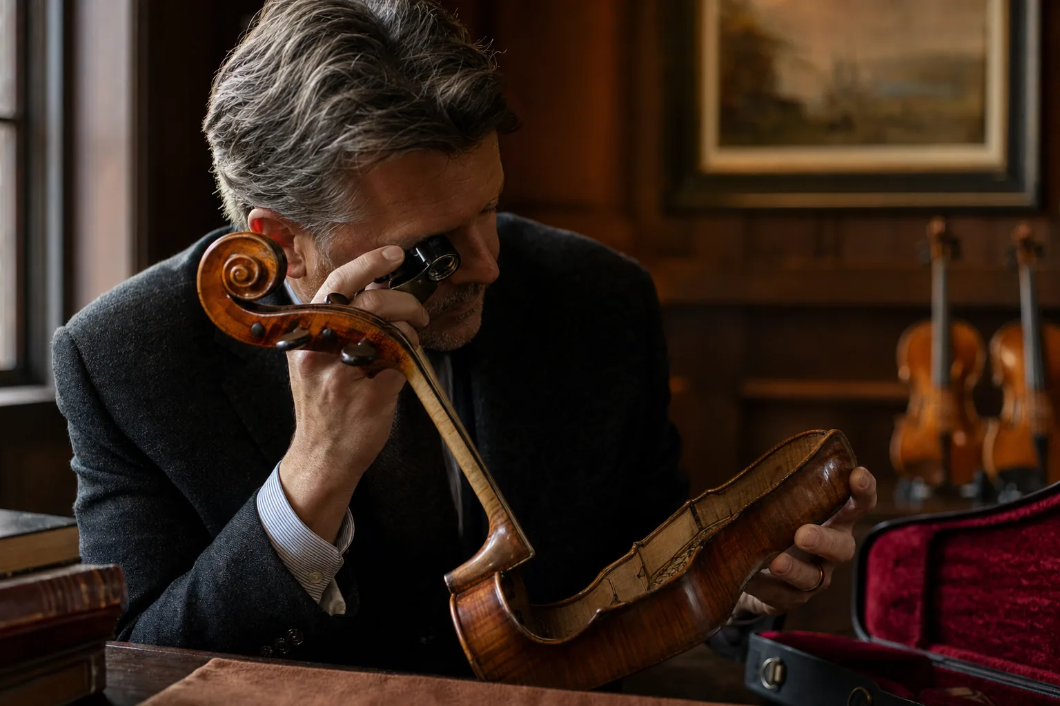 An appraiser examining the scroll and label of an English violin through a loupe in a wood-paneled showroom