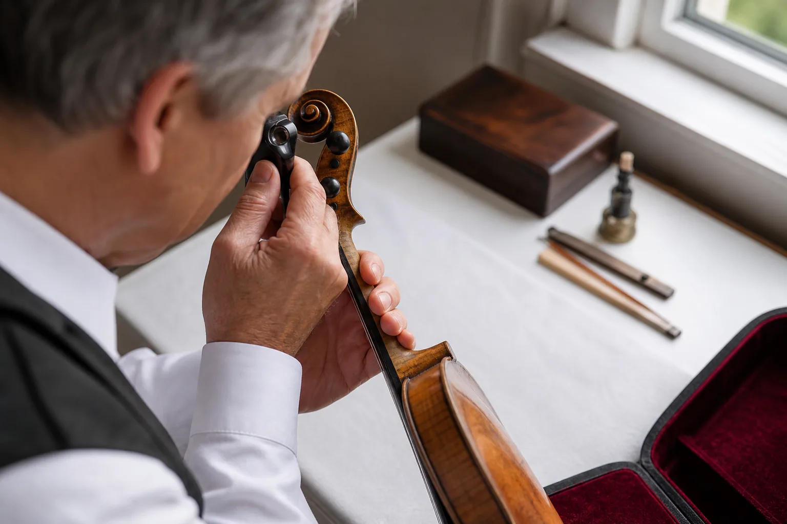An appraiser examining a violin scroll and label through a loupe at a sunlit appraisal table