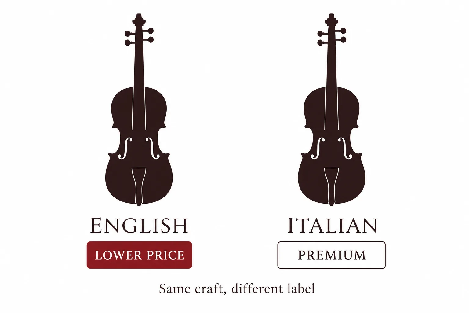 Comparison graphic showing an English and an Italian violin of equal craftsmanship priced differently