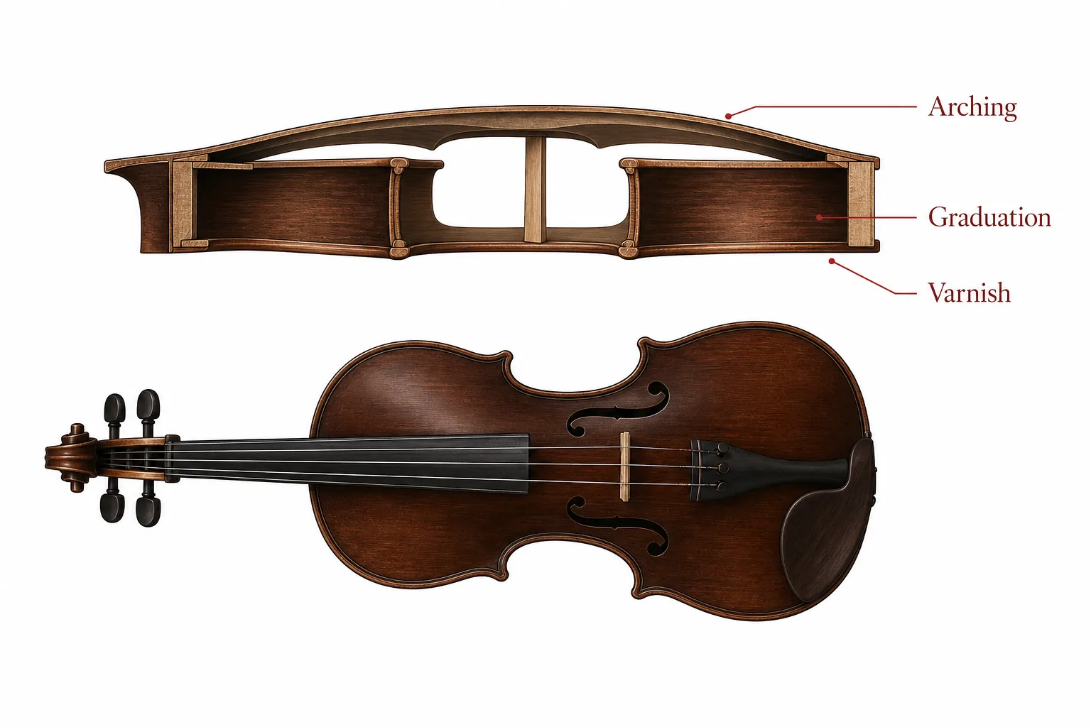 Diagram of a violin showing how arching, graduation, and varnish shape its tone