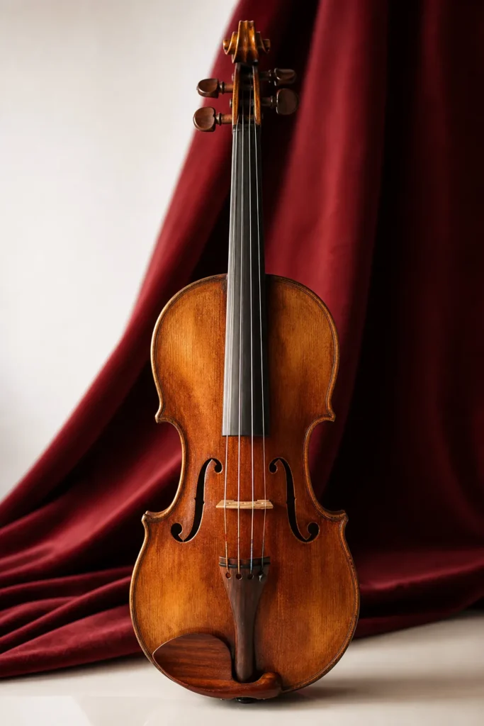 A fine antique Neapolitan violin with warm golden-red varnish standing upright in soft gallery light