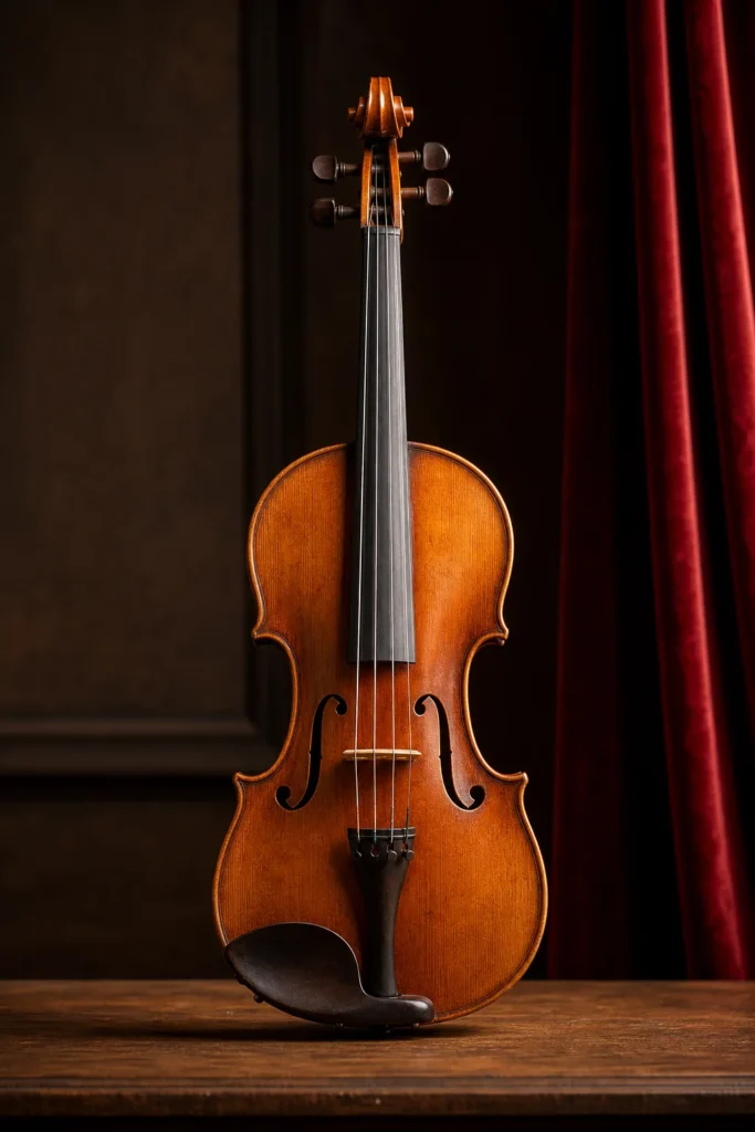 A fine English violin standing upright and centered, glowing under warm gallery light with a garnet curtain accent