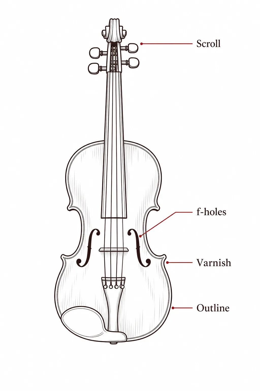 Labeled anatomy diagram of a violin highlighting the scroll, f-holes, varnish, and outline used to recognize Gagliano work