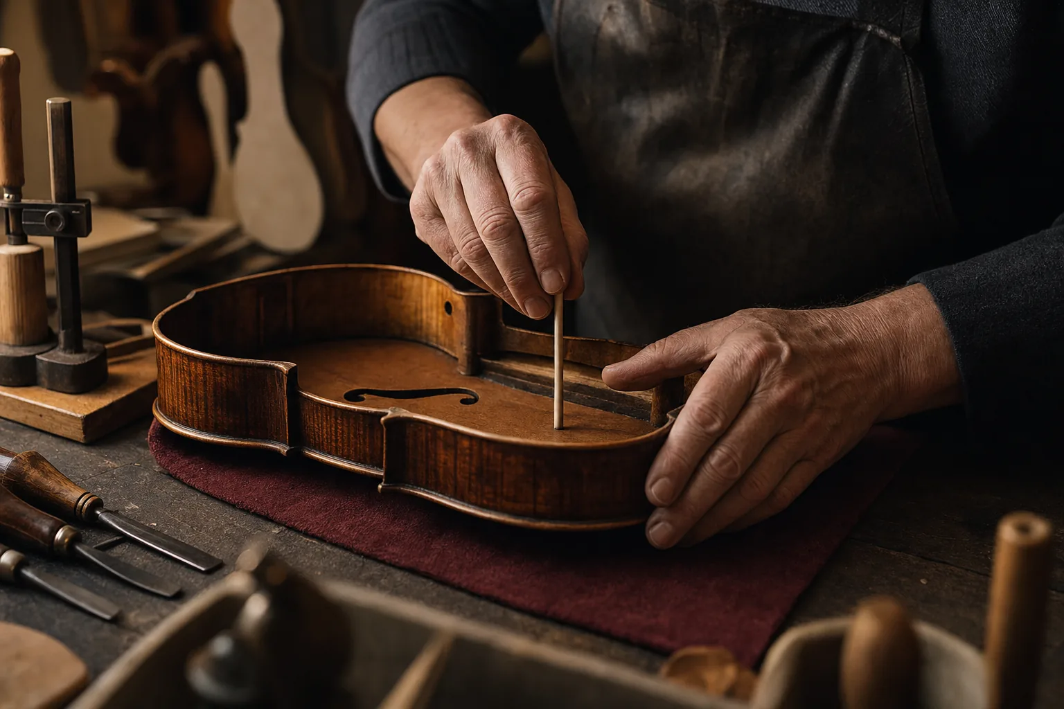 A luthier's hands fitting a soundpost inside an antique violin at a restoration bench