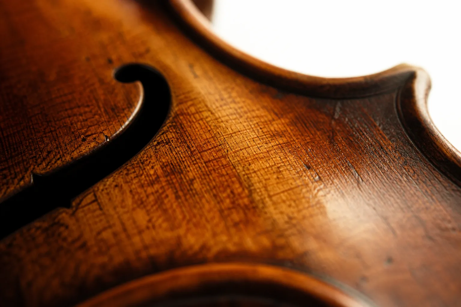 Macro close-up of aged warm varnish and fine wood grain on a restored antique English violin