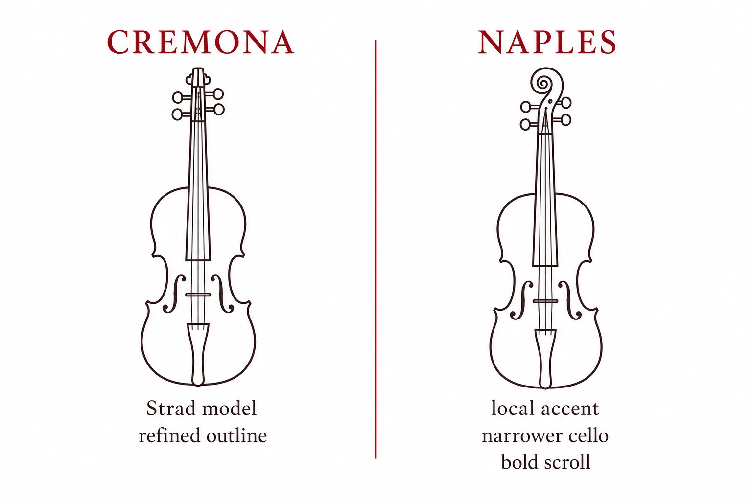 Side-by-side comparison of Cremonese and Neapolitan violin characteristics