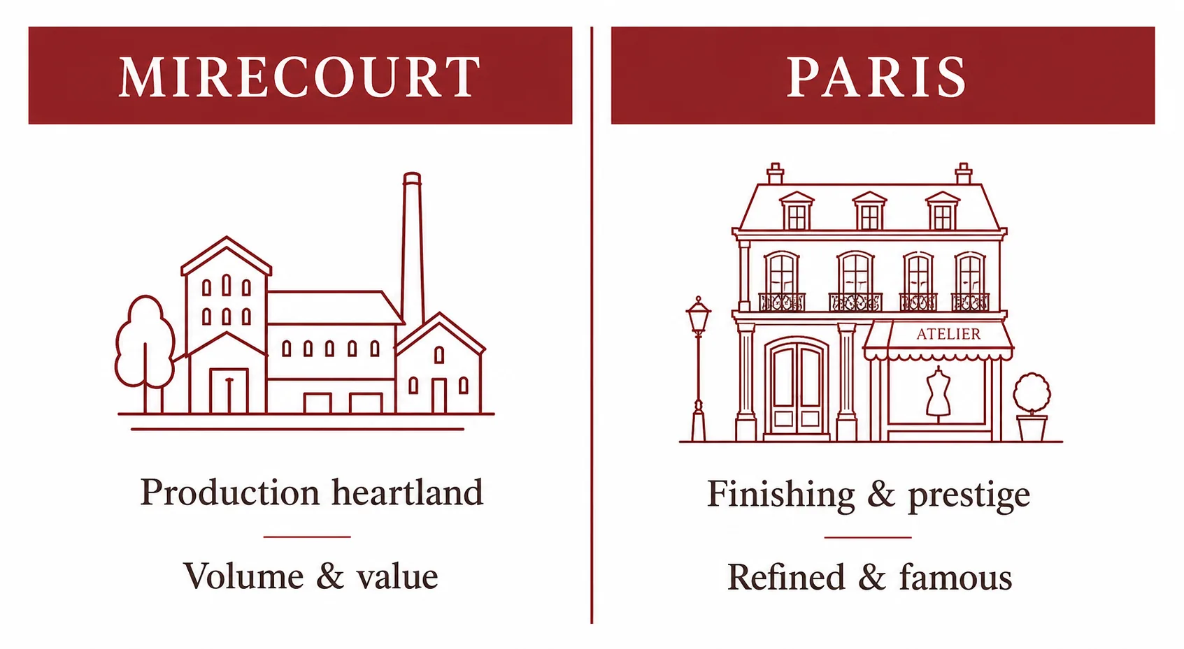 Side-by-side comparison of Mirecourt as the production center and Paris as the finishing and prestige center
