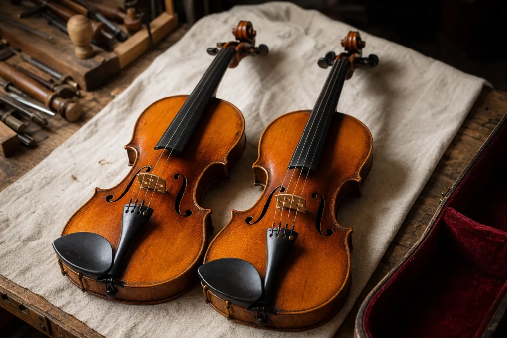 Two antique French violins side by side on a luthier's workbench in warm gallery light