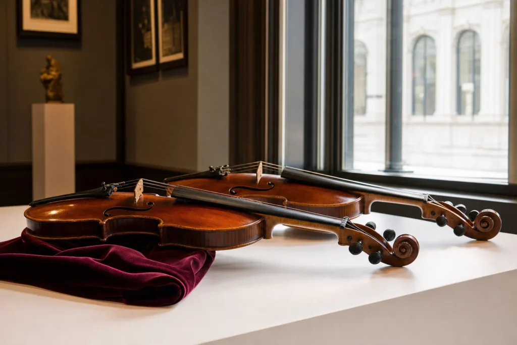 Two fine violins side by side on a sunlit gallery table with a garnet velvet accent