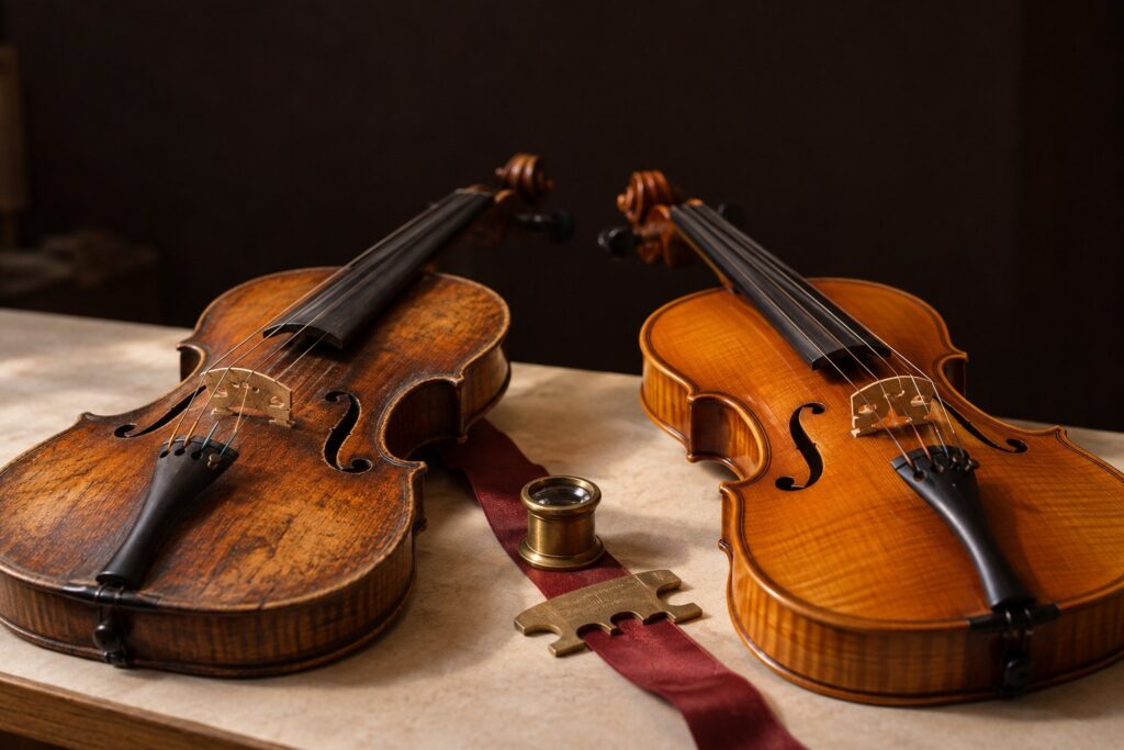An antique violin and a modern violin side by side on an appraisal desk with a loupe between them, lit by warm window light