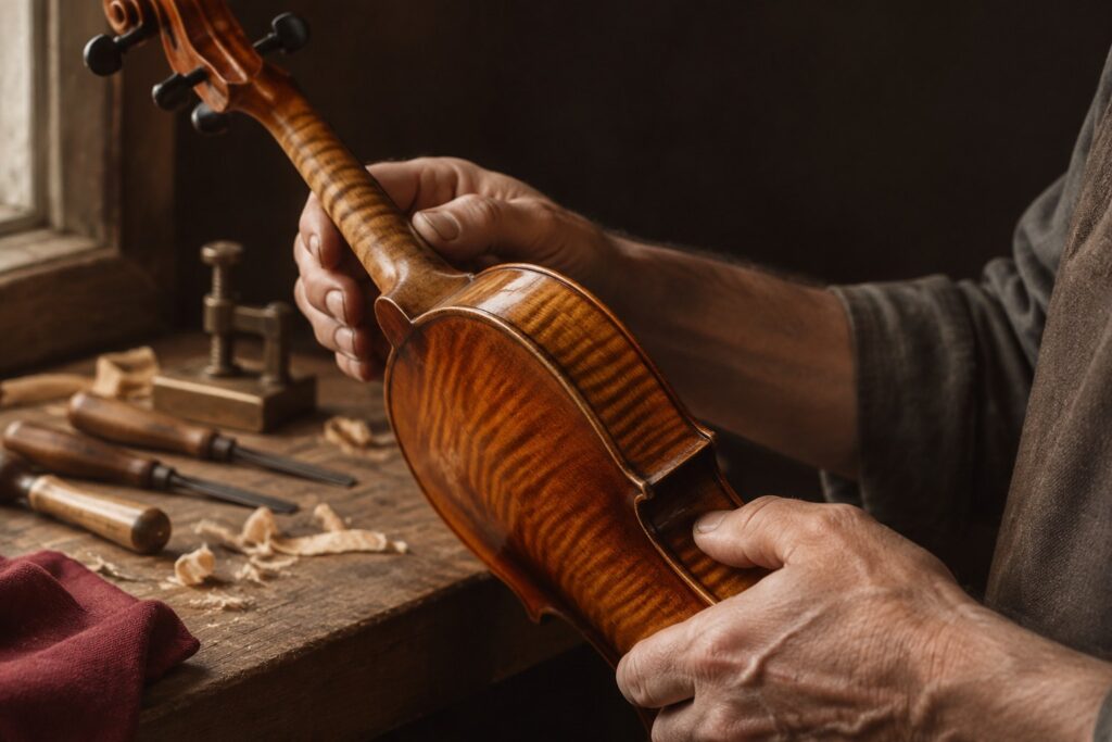 Luthier's hands checking the neck joint of an old German trade violin at a workbench in warm window light
