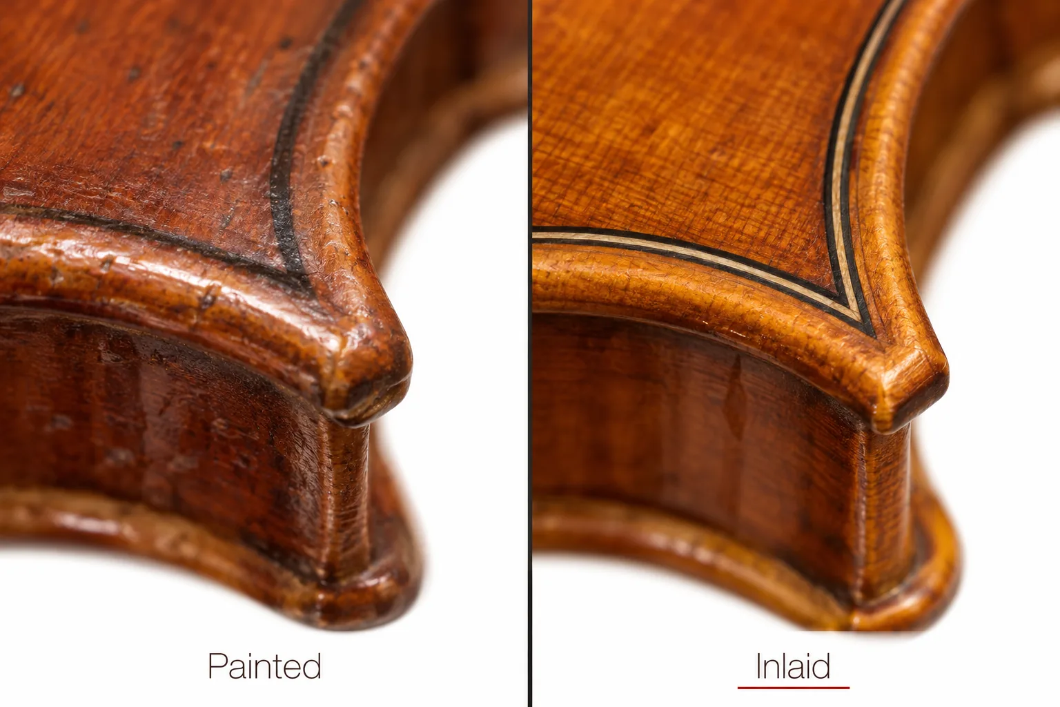 Macro comparison of painted-on purfling on a low-grade trade violin beside real inlaid purfling on a better workshop violin