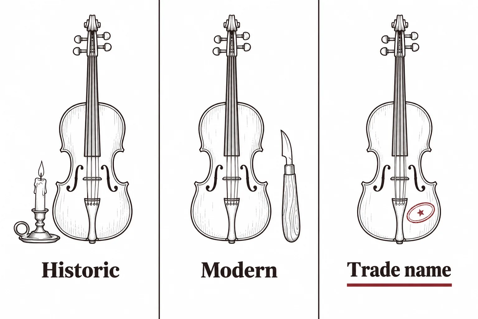 Three-panel comparison of the three meanings of 'Cremona school': historic Cremonese instruments, modern Cremona-made violins, and factory violins stamped 'Cremona' as a trade name