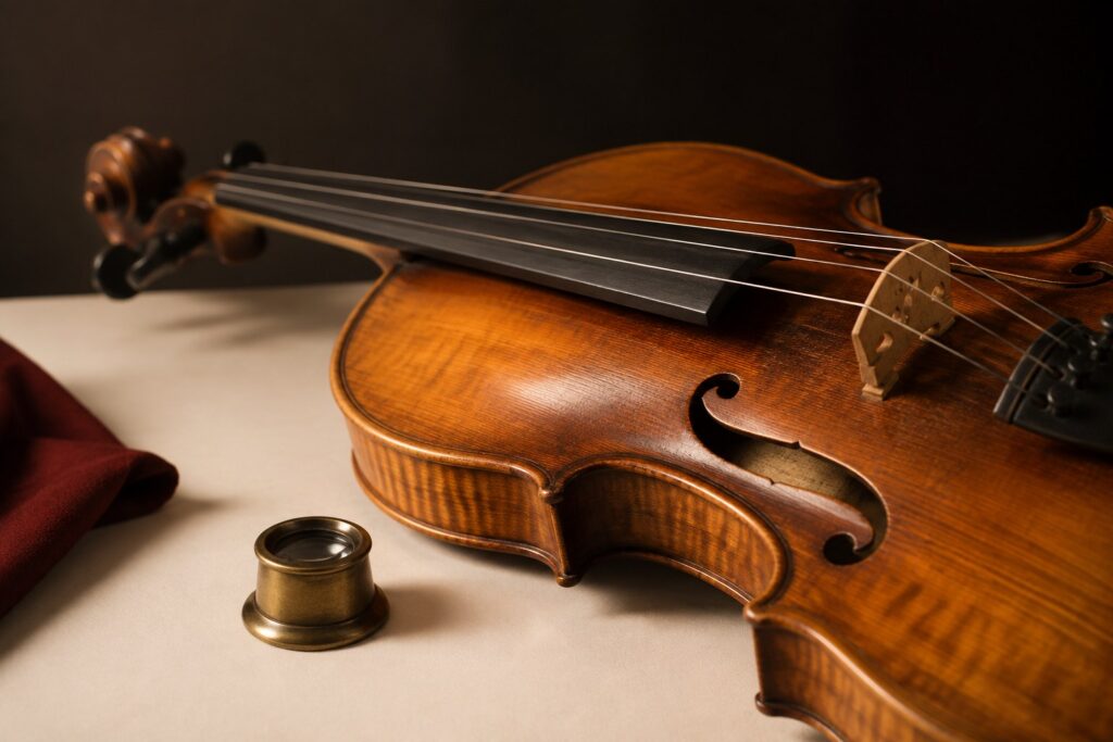 Violin on an appraisal desk beside a brass loupe, with an old maker's label faintly visible through the f-hole