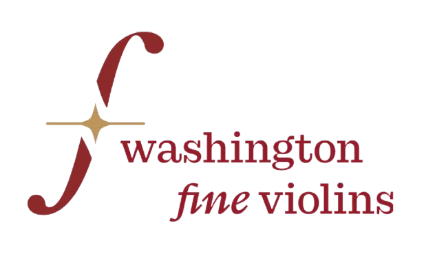 Washington Fine Violins logo with maroon f hole letter, gold four pointed star and serif text